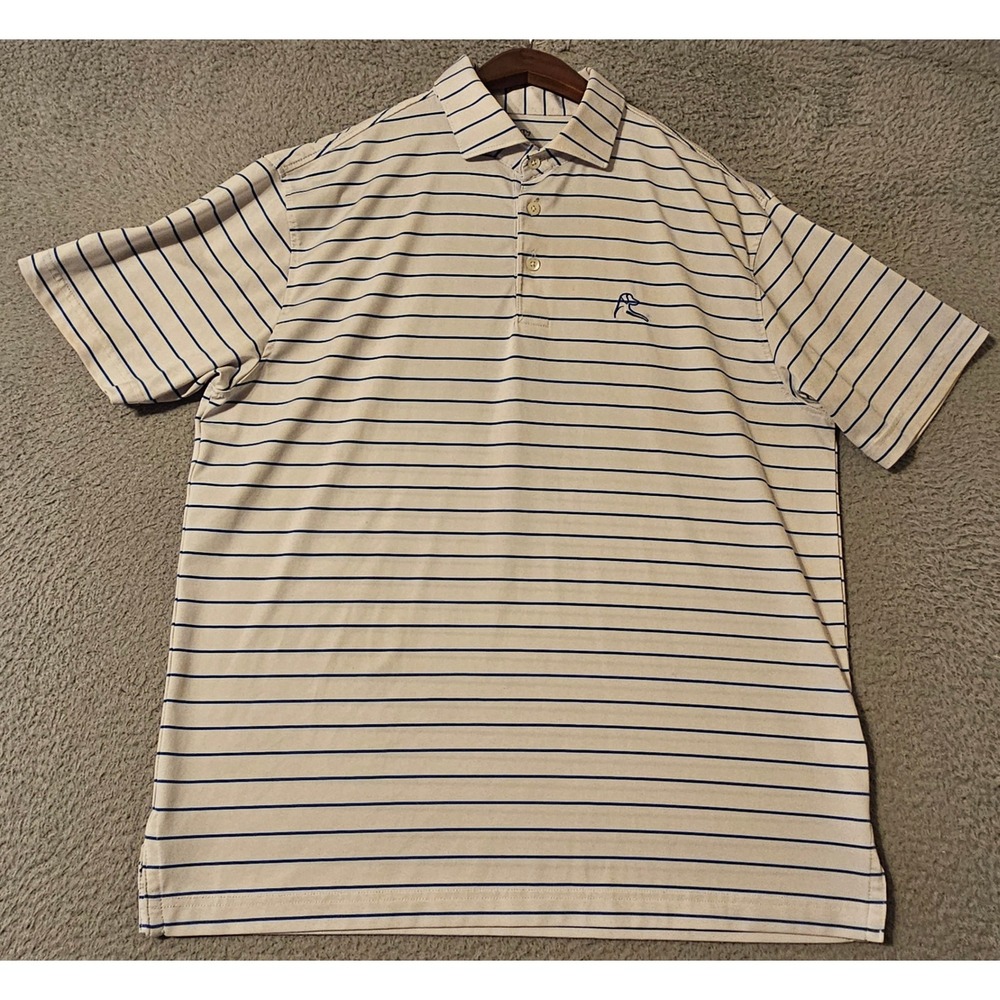 Rhoback Mens Performance Polo Shirt White Blue Striped Short Sleeve Size Medium